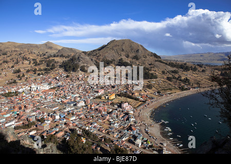 Copacabana from Cerro Calvario hill, La Paz Department, Lake Titicaca, Andes, Altiplano, Bolivia, South America Stock Photo