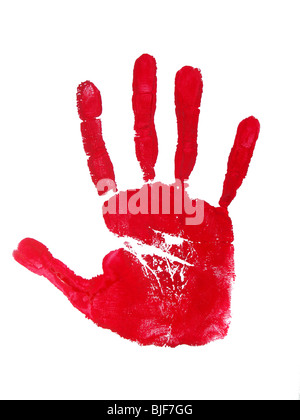 Red human hand print on black background isolated close up, bloody ...