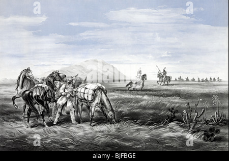 Print c1866 entitled 'A parley - prepared for an emergency'. It depicts a tense encounter between white men and Native Indians. Stock Photo