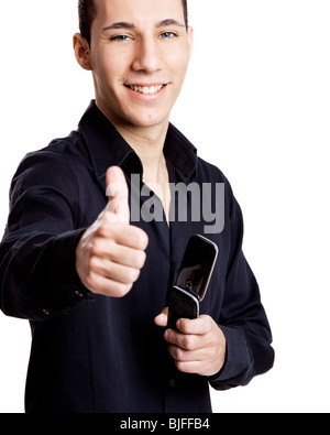 Casual young man with thumbs up, isolated on white Stock Photo