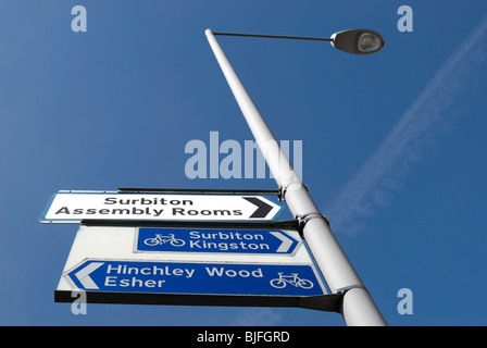 signs giving directions to surbiton assembly rooms, hinchley wood,  esher and kingston, in surbition, surrey, england Stock Photo