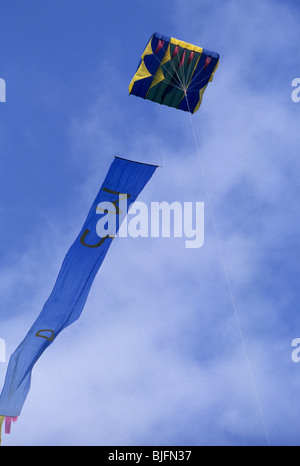 Blue and yellow Kite flying high in sky with trailing tail Stock Photo