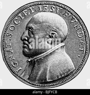 Ignatius of Loyola, 1491 - 31.7.1556, Spanish clergyman, founder of the 'Society of Jesus', portrait, coin, wood engraving, 19th century, , Stock Photo