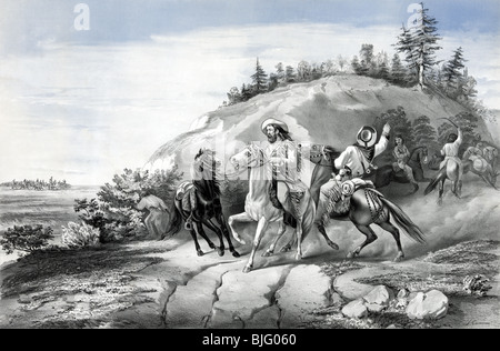 Print c1866 entitled 'Taking the back track - a dangerous neighbourhood'. It depicts white men avoiding Native American Indians. Stock Photo