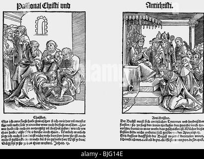 events, Protestant Reformation 1517 - 1648, flysheet, 'Passional of Christ and Antichrist', woodcut by Lucas Cranach the Elder, test by Philipp Melanchthon, printed by Johann Grunenberg, Wittenberg, 1521, , Stock Photo