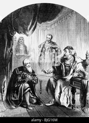Cranach, Lucas the Elder, 1472 - 16.10.1553, German painter and illustrator, begging Emperor Charles V for mercy for his lord elector John Frederick I of Saxony, Pistritz, 1547, wood engraving, 19th century, , Stock Photo