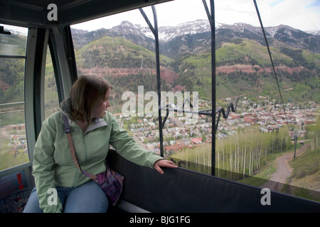 The Gondola rises from Telluride which sits in a box canyon in southwestern Colorado. Stock Photo