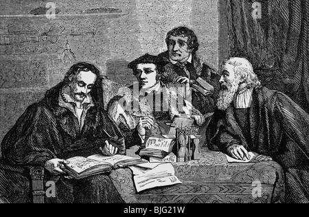 events, Protestant Reformation 1517 - 1648, Marburg Colloquy, 1.- 4.10.1529, Philipp Melanchthon, Martin Luther, Justus Jonas the Elder and Johannes Oekolampad, wood engraving, 19th century, Philipp Schwartzerdt, Schwarzerd, Oekolampadius, castle, Hesse, religion, christianity, Germany, 16th century, historic, historical, people, Stock Photo