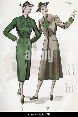 fashion, 1950s, clothes, clothing, ladies' fashion, traditional coats and skirts from Austria for women, illustration from: 'Trachtenmodelle fuer Damen und Herren', No. 2, Vienna, Austria, circa 1950, Stock Photo