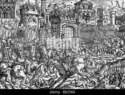 fine arts, Amman, Jost (1539-1591), woodcut, 15.5. cm x 11 cm, illustration, scene: assault of the Romans on Jerusalem, probably from the Luther Bible, which was printed by Sigmund Feyerabend, Frankfurt on the Main, Germany, 1564, Artist's Copyright has not to be cleared Stock Photo