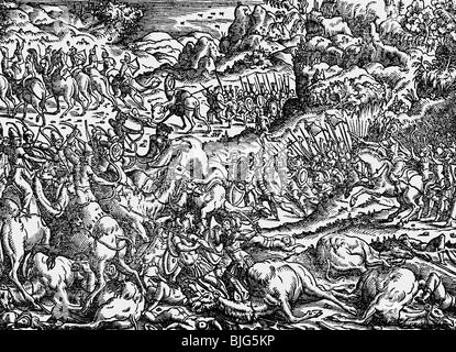fine arts, Amman, Jost (1539-1591), woodcut, 15.5. cm x 11 cm, illustration from the bible, printed by Sigmund Feyerabend, Frankfurt on the Main, Germany, 1564, battle scene, Artist's Copyright has not to be cleared Stock Photo