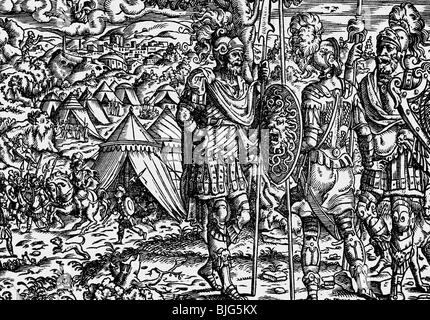 fine arts, Amman, Jost (1539-1591), woodcut, 15.5. cm x 11 cm, illustration from the bible, printed by Sigmund Feyerabend, Frankfurt on the Main, Germany, 1564, scene: Joshua as Leader of the Israelites, Artist's Copyright has not to be cleared Stock Photo