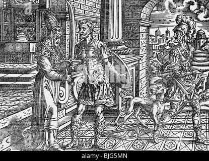 fine arts, Amman, Jost (1539-1591), woodcut, 15.5. cm x 11 cm, illustration from the bible, printed by Sigmund Feyerabend, Frankfurt on the Main, Germany, 1564, scene with King Saul and King David (?), Artist's Copyright has not to be cleared Stock Photo