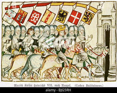 Henry VII, circa 1275 - 24.8.1313, Holy Roman Emperor 29.9.1312 - 24.8.1313, entering Naples, after miniature, Balduini Treverensis, circa 1340, , Stock Photo