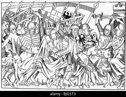 Henry VII, circa 1275 - 24.8.1313, Holy Roman Emperor 29.9.1312 - 24.8.1313, in battle, after miniature, Balduini Treverensis, circa 1340, , Stock Photo