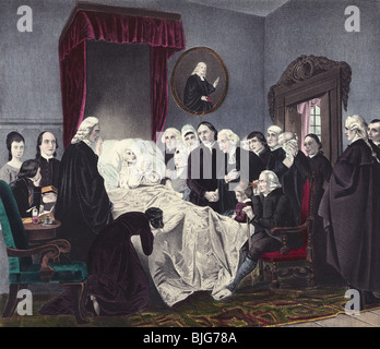 Lithograph print c1840s entitled 'The Death of the Reverend John Wesley' and depicting Wesley (1703 - 1791) on his deathbed. Stock Photo