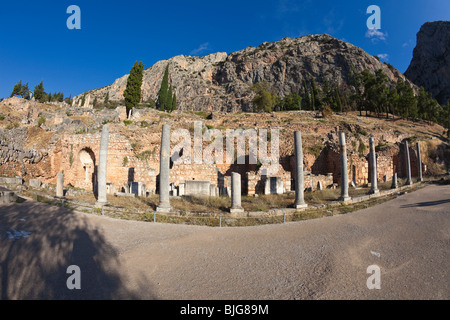 The Roman Market (The Agora) at Delphi, Greece below Mount Parnassus. Stock Photo