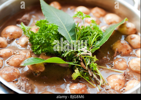 Classic French Boeuf a la Bourguignon Beef Burgundy dish with mushrooms and fresh bouquet garni ready for the oven Stock Photo