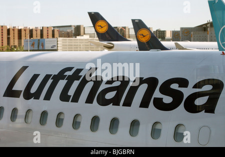 Lufthansa planes at an airport, Frankfurt, Germany Stock Photo