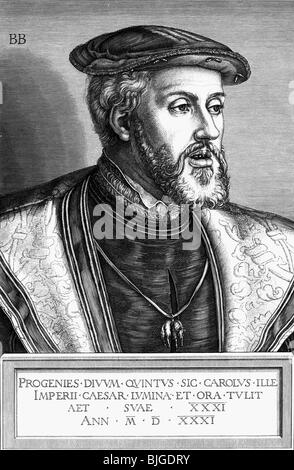 Charles V, 24.2.1500 - 21.9.1558, Holy Roman Emperor 26.10.1530 - 12.9.1556, portrait, at the age of 30, copper engraving by Bartel Beham, 1531, , Artist's Copyright has not to be cleared Stock Photo