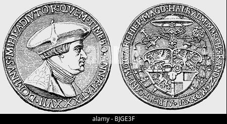 Albert of Brandenburg, 28.6.1490 - 24.9.1545, Archbishop of Mainz 9.3.1514 - 24.9.1545, portrait, coin, front and back, wood engraving, 19th century, ,