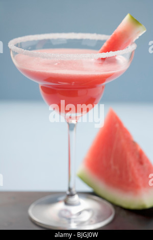 Watermelon drink in a glass with a sugared rim - Stock Photo