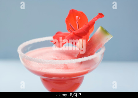 Watermelon drink with red flower in glass with sugared rim - Stock Photo