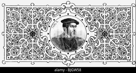 Charles V, 24.2.1500 - 21.9.1558, Holy Roman Emperor 26.10.1530 - 12.9.1556, portrait, wood engraving, 19th century, ,