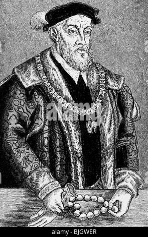 Charles V, 24.2.1500 - 21.9.1558, Holy Roman Emperor 26.10.1530 - 12.9.1556, half length, wood engraving, 19th century, ,