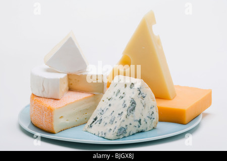 Cheese plate with hard cheese, blue cheese and soft cheese - Stock Photo