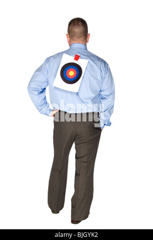 A businessman with a bulls eye taped to his back. Stock Photo