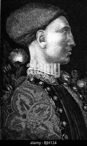Este, Leonello d', 21.1.1407 - 14.7.1450, Marquis of Ferrara 26.12.1441 - 14.7.1450, portrait, painting by Pisanello, 15th century, wood engraving, 19th century, , Artist's Copyright has not to be cleared Stock Photo