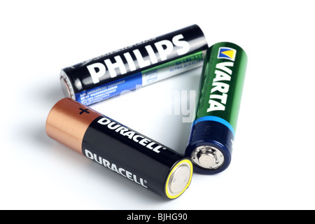 Set of three different AA batteries Stock Photo