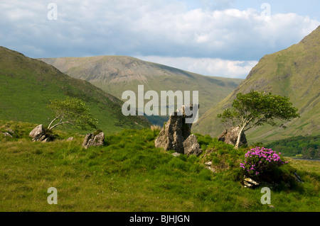 A glimpse of the Sheeffry Hills from Delphi Bridge, Doo Lough pass, County Mayo, Ireland Stock Photo