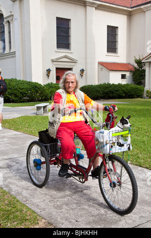 Elderly woman riding three wheeled bicycle with pet dog in basket at The Cathedral Basilica of Saint Augustine in Florida Stock Photo
