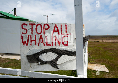 Sign against whaling at Sea Lion Island Sealion Lodge Falkland Islands Stock Photo