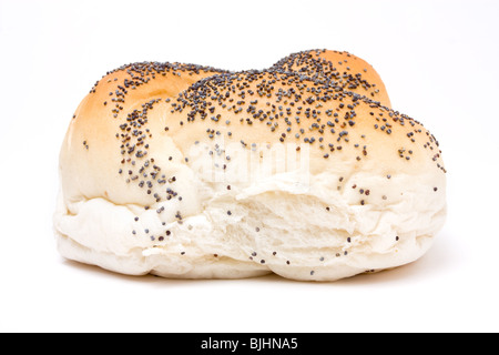 Seeded bread roll from low viewpoint isolated against white background. Stock Photo