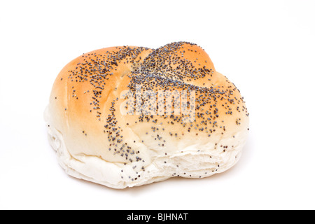 Seeded bread roll from low viewpoint isolated against white background. Stock Photo