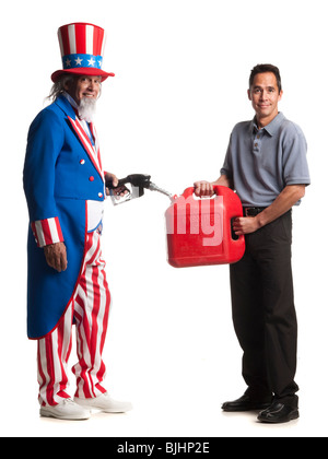 uncle sam holding a gasoline pump filling a man's gas can Stock Photo