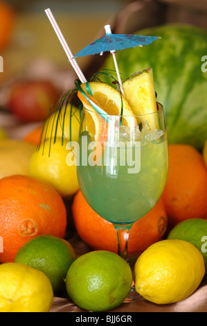 Blue Lagoon Drink with vodka, blue curacao and sprite Stock Photo