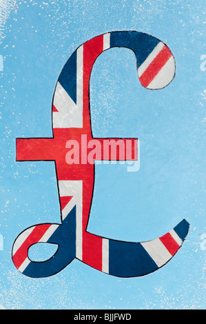 Union jack pound sign encased in ice with blue background. Freeze on spending / Frozen assets concept Stock Photo