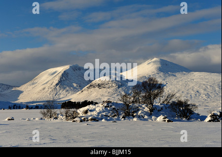 Rocky tree-covered island in frozen snow-covered lake with snowy backdrop of mountains and dark blue sky Stock Photo