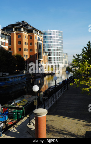 The Floating Harbour viewed from Temple Bridge towards Trinity Quay, Bristol, England. Stock Photo