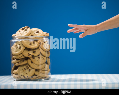 Hand reaching for chocolate chip cookie jar Stock Photo