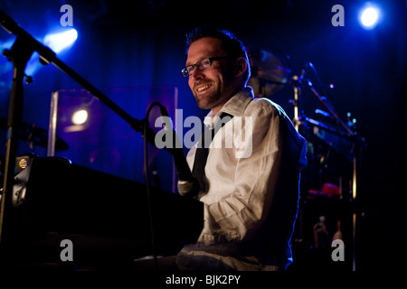 Ueli Reinhard, keyboard player of the Swiss BrazzFunk formation Spinning Wheel performing live in the Schueuer, Lucerne, Switze Stock Photo