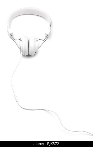 White elegance headphones with cord isolated on white background. White on white series. Vertical composition. Stock Photo