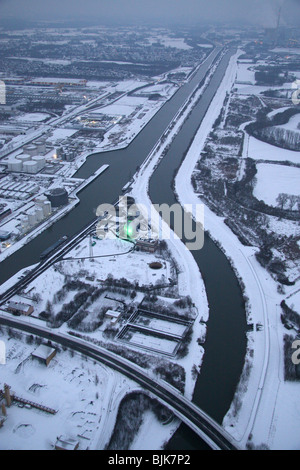 Aerial, Datteln-Hamm Canal in the snow, Lippe River, Lippe treatment plant, Hamm, Ruhr area, North Rhine-Westphalia, Germany, E Stock Photo