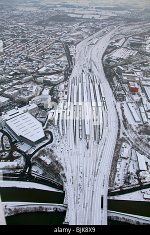 Aerial photo, central railway station, freight station in the snow, Hamm, Ruhr Area, North Rhine-Westphalia, Germany, Europe Stock Photo