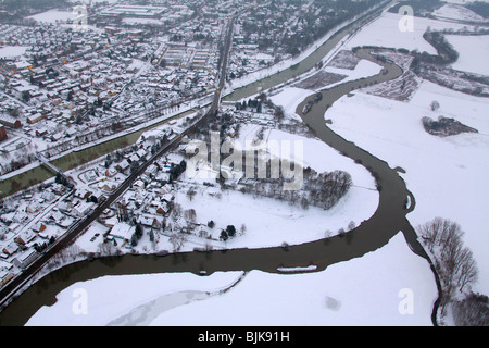 Aerial photo, Lippe River, renaturalisation of the Lippe River, Lippe Meander in the snow, Werries, Hamm, Ruhr area, North Rhin Stock Photo