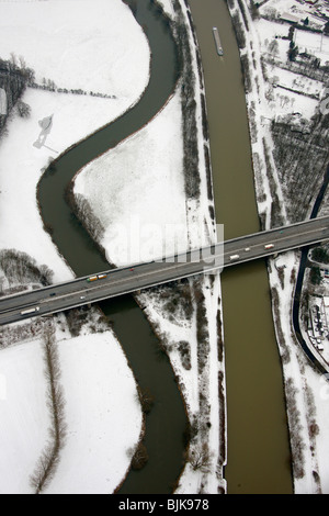 Aerial view, snow, Wesel-Datteln Canal, Lippe river, bridge, A3 motorway Oestrich, Dorsten, Ruhrgebiet area, North Rhine-Westph Stock Photo